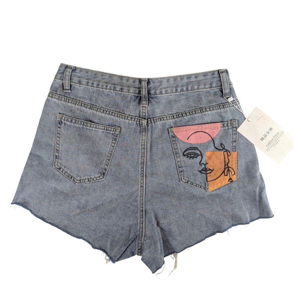 Distressed Ripped Denim Shorts Art Face Embroidery Twinklo Light Wash Size 6